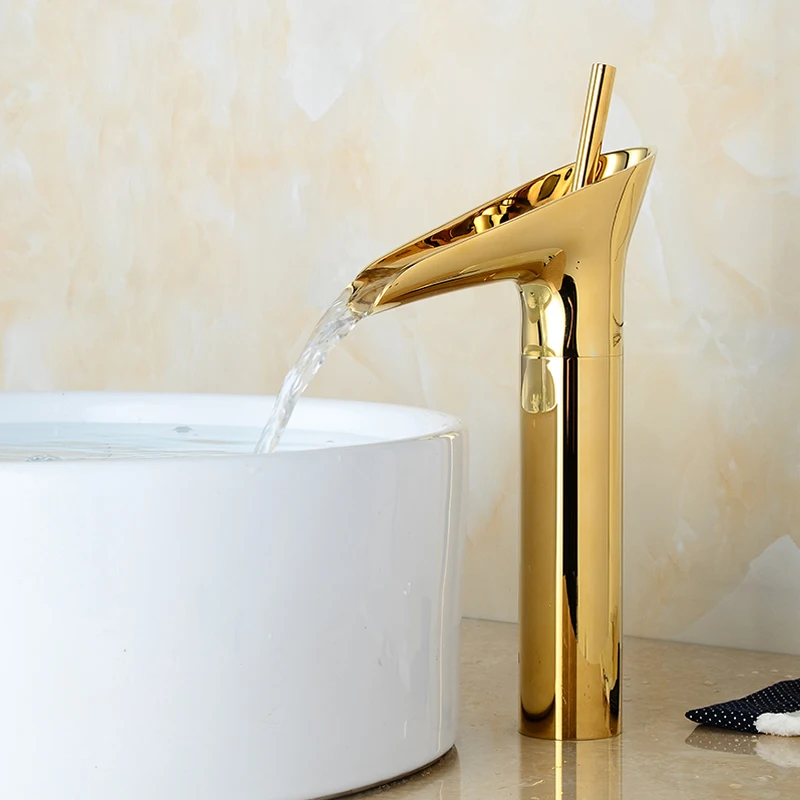 Golden Finished Deck Mounted Bathroom Sink Faucet Hot and Cold Mixer Tap 
Golden Finished Deck Mounted Bathroom Sink Faucet Hot and Cold Mixer Tap