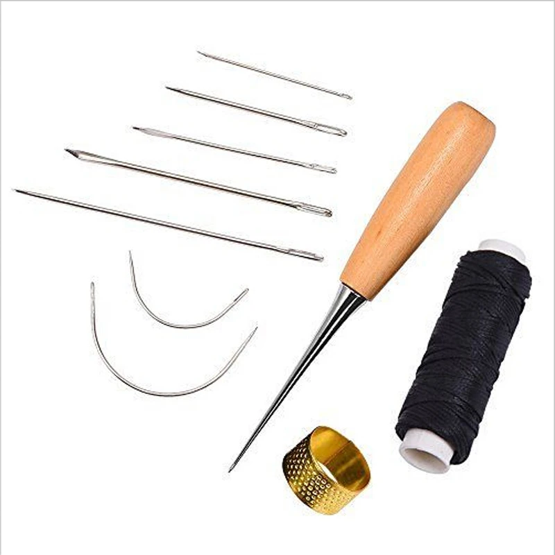 

4 Pieces Hand leathercraft Tool Set with Needle Leather Waxed Thread Cord Drilling Awl and Thimble for Leather Repair KO976393