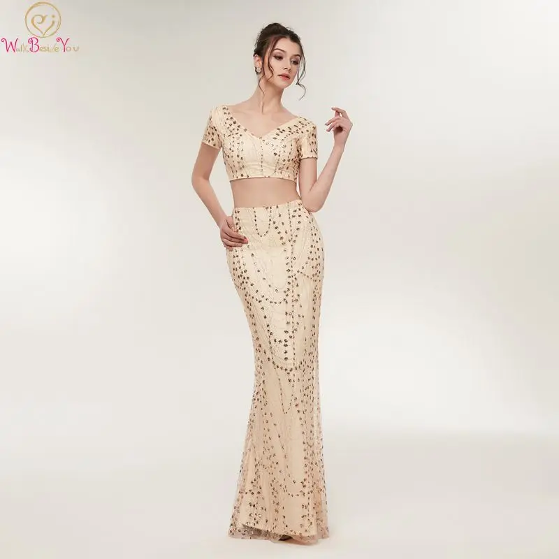 

Sexy Champagne Gold Crop Top Cocktail Party Dresses 2019 Long Mermaid V Neck Sequined Pretty Formal Prom Gowns robe de cocktail