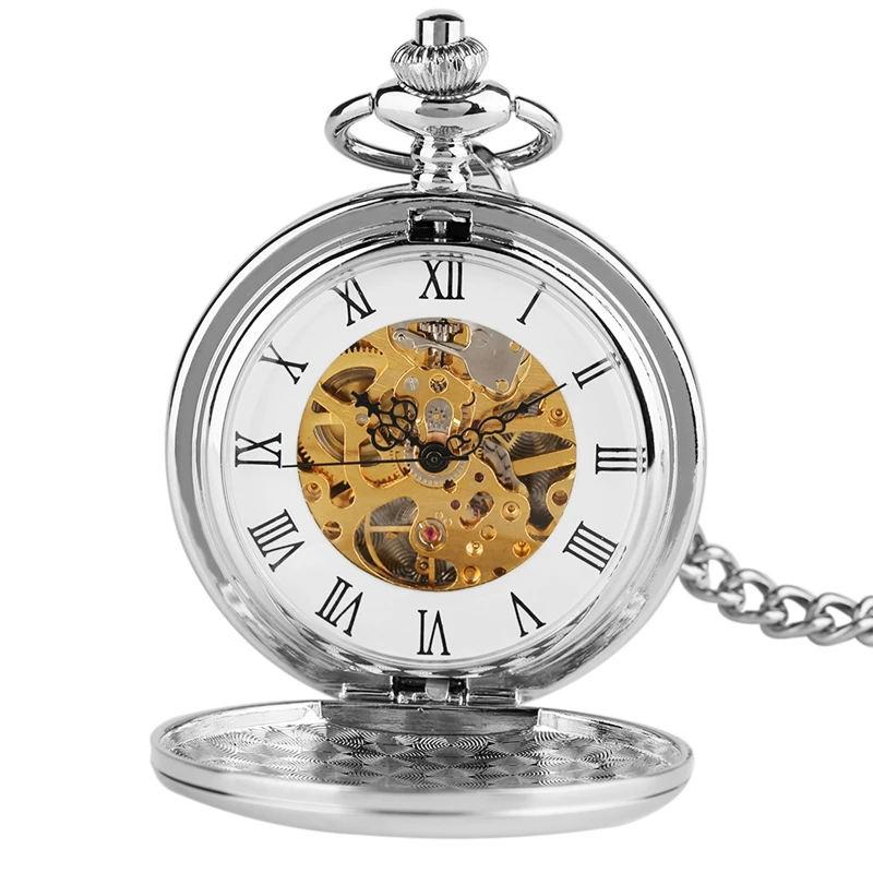 2018 New Arrival Smooth Design Double Full Hunter Skeleton Mechanical Pocket Watch for Men Steampunk Silver Hand Winding Watches (5)