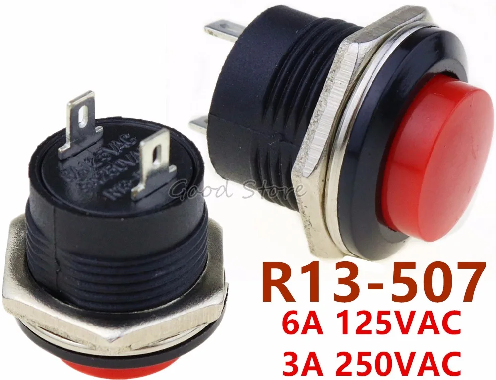 

5pcs R13-507 Red Color Momentary Push Button Switch OFF-ON Reset Switch 16MM 3A 250V AC Non Locking Switches Round Button