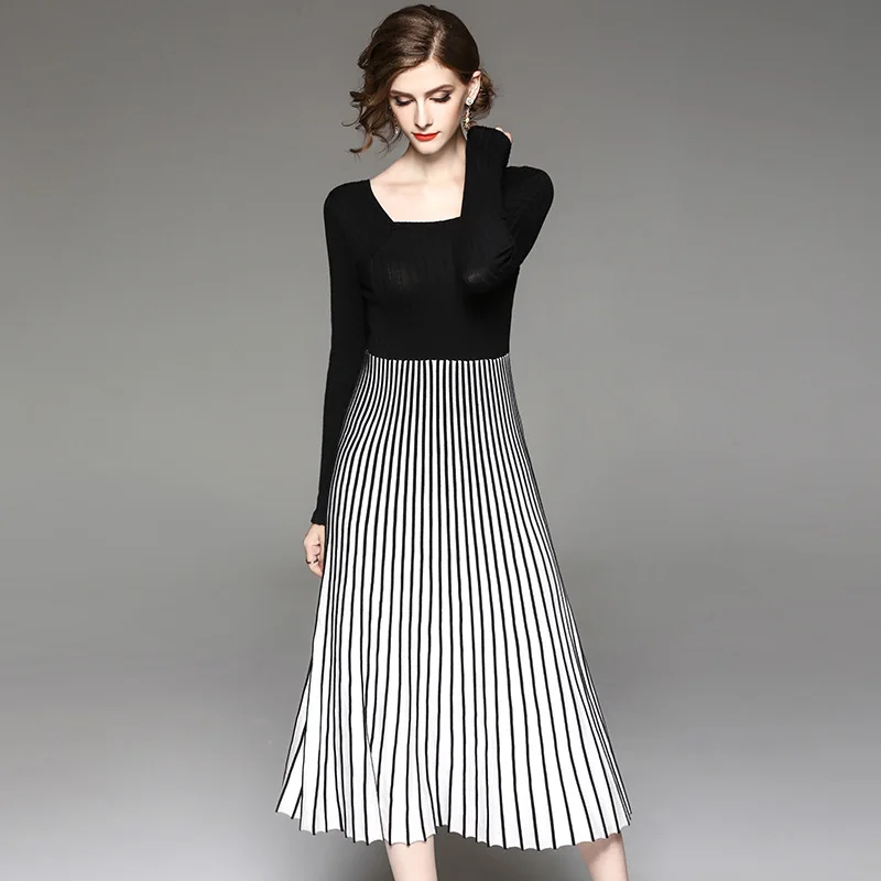 2018 Spring Autumn Women High Fashion O-Neck Long Sleeve Knitted Patchwork Full dress Female Elegant Stripe Long Dress Brand Hot
2018 Spring Autumn Women High Fashion O-Neck Long Sleeve Knitted Patchwork Full dress Female Elegant Stripe Long Dress Brand Hot