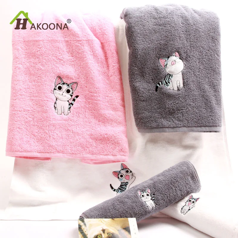 HAKOONA Cat Embroidered Pink Blue Bath Towels 140x70cm 100% Cotton Chi