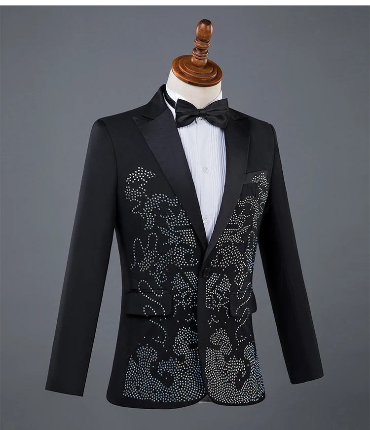 2021 Jacket+Pants Men Suits Sparkly Rhinestones White Black Suit Male