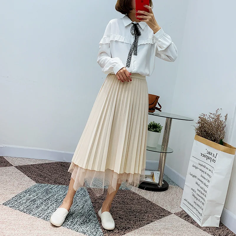 2019 Spring New Arrival Small Pure Color Pleated Skirt High Waist Slim Tulle Stitching Long Skirts For Women Free Shipping 
2019 Spring New Arrival Small Pure Color Pleated Skirt High Waist Slim Tulle Stitching Long Skirts For Women Free Shipping