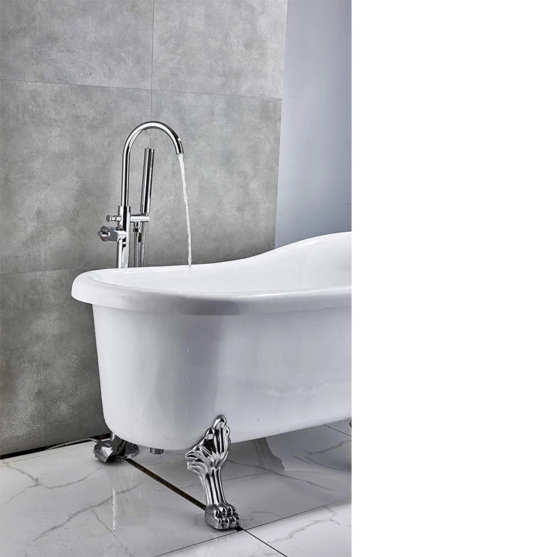 Bathroom Bathtub Tap Shower System Chrome Thermostatic Handle Dual Function Hand Shower and Filler Spout Floor Mounted006