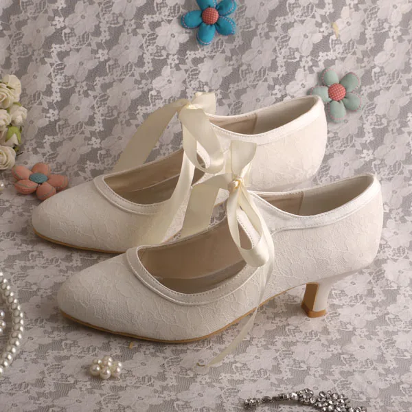 Wedopus Mary Jane Ivory Lace Evening Wedding Wear Bridesmaid Shoes 5CM