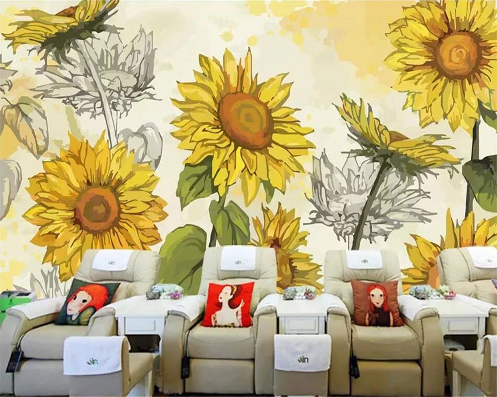 

beibehang High end Custom Wallpaper Large 3D Stereo Wallpaper Mural Hand painted Sunflower Background Wall paper Papel de Parede