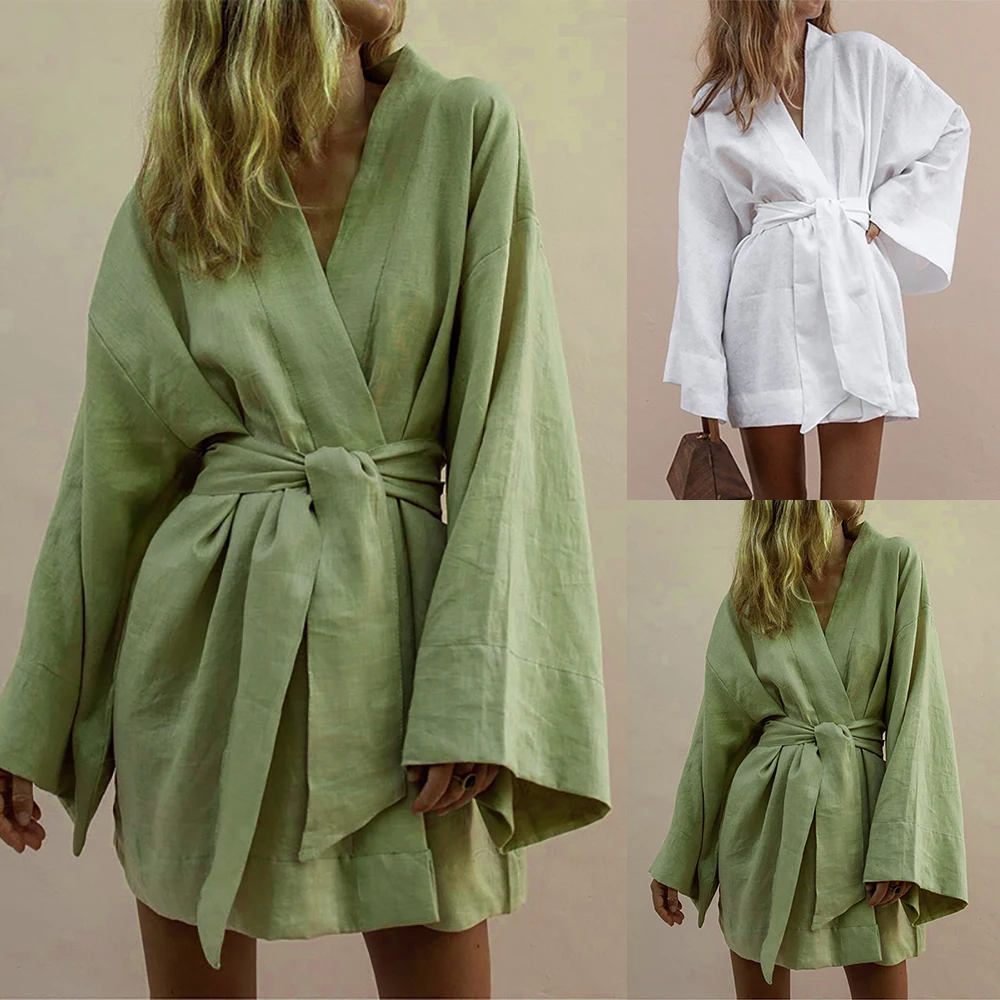 2019 Women Summer Sexy Dress V-Neck Kimono Cardigan Mini Dress Long Sleeve Sashes Lace Up High Waist Loose Dress Women Vestidos
2019 Women Summer Sexy Dress V-Neck Kimono Cardigan Mini Dress Long Sleeve Sashes Lace Up High Waist Loose Dress Women Vestidos