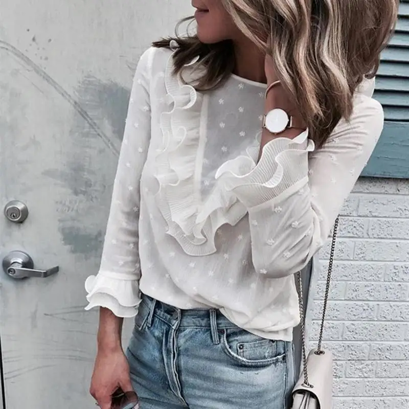 Women Sweet White Polka Dots Blouse Shirt Autumn Spring 2018 Back Button Long Sleeve O-Neck Ruffle Pullover Tops
Women Sweet White Polka Dots Blouse Shirt Autumn Spring 2018 Back Button Long Sleeve O-Neck Ruffle Pullover Tops