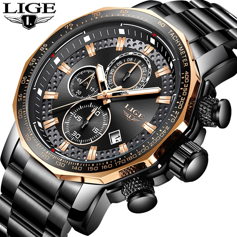Часы наручные LIGE Мужские кварцевые модные брендовые деловые водонепроницаемые