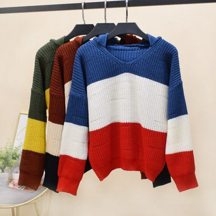 Hot Sale Women Long Sleeve Knitted Pullovers Casual Drop Shoulder Loose Tops Spring Autumn Hooded Stripe Sweater | Женская одежда
