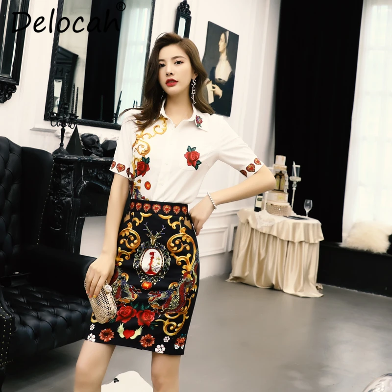 Delocah Women Summer Suits Runway Fashion Short Sleeve Beading Tops Shirt And Casual Printed Short Skirt Two Pieces Set 2019
Delocah Women Summer Suits Runway Fashion Short Sleeve Beading Tops Shirt And Casual Printed Short Skirt Two Pieces Set 2019