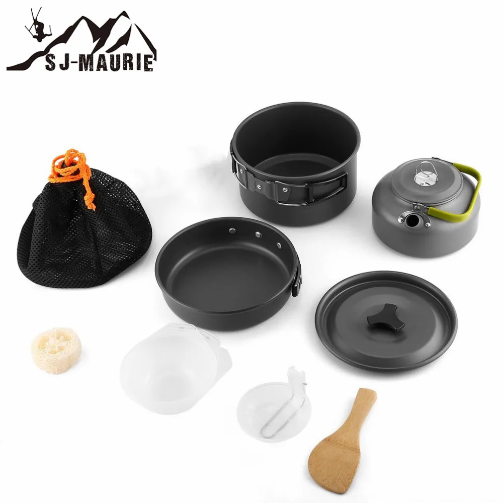 SJ-Maurie 9pcs/Set Outdoor Cookware Portable Camping Cooking Pot Pan Kettle Set Aluminum Alloy Cooking Tool for Picnic BBQ