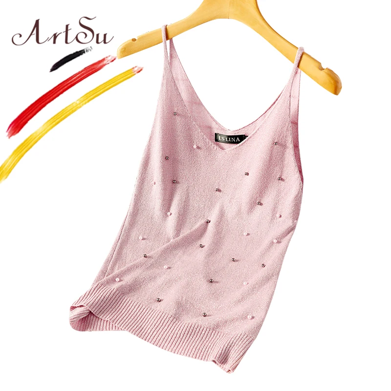 ArtSu Women Casual Tank Top Double V-Neck Sexy Sleeveless Knitted Summer Top 2019 Female Pearl Beading Glitter Tops Club Wear
ArtSu Women Casual Tank Top Double V-Neck Sexy Sleeveless Knitted Summer Top 2019 Female Pearl Beading Glitter Tops Club Wear