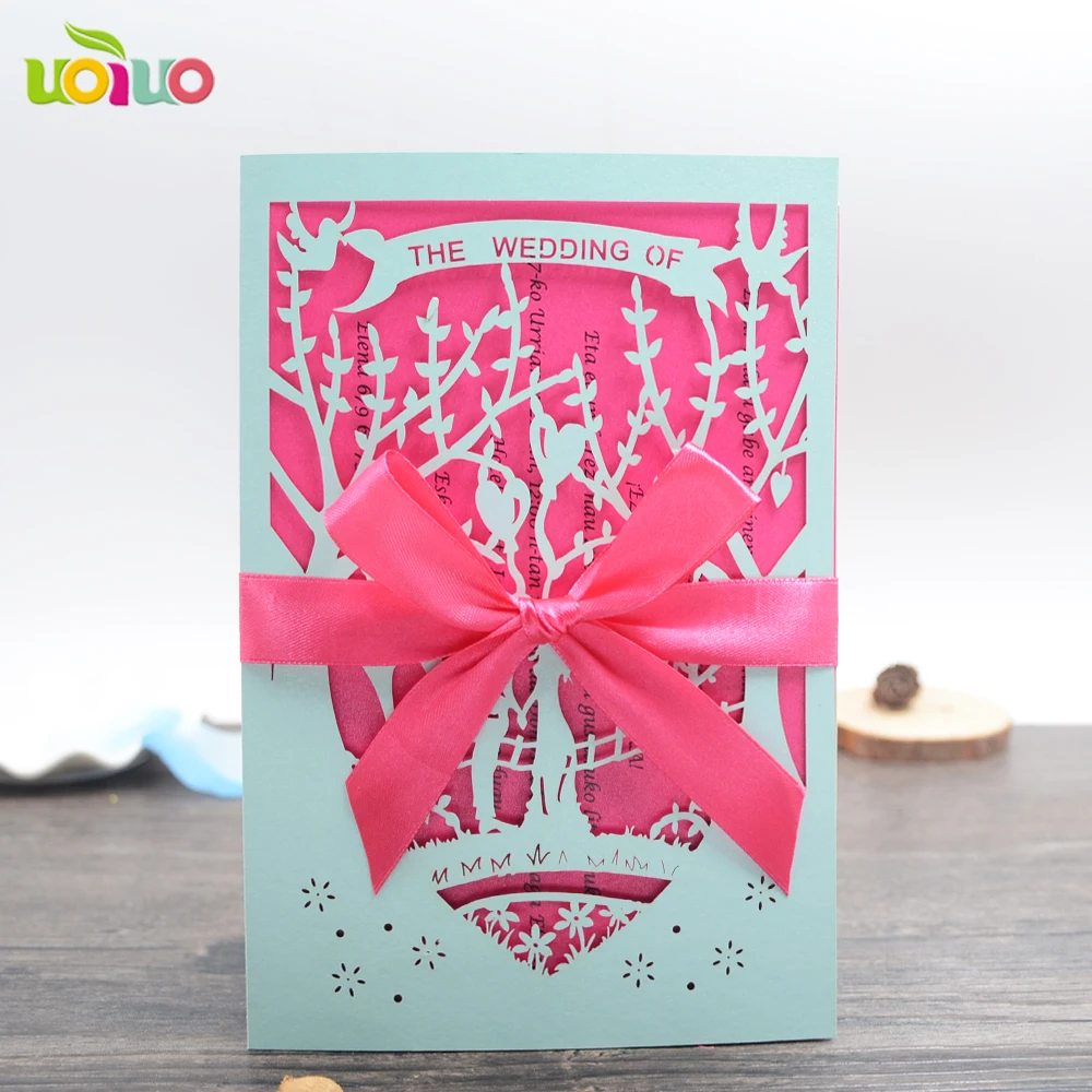 

DIY customzied inc55 fold Laser Cut bride groom with logo Wedding invitations Card ,tied hot pink bow,print insert,envelope