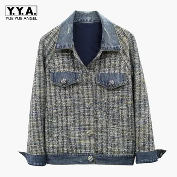 Top Quality Womens Diamonds Plaid Tweed Patchwork Denim Jackets Long Sleeve Single Breasted Streetwear Female Outerwear Coats
Top Quality Womens Diamonds Plaid Tweed Patchwork Denim Jackets Long Sleeve Single Breasted Streetwear Female Outerwear Coats