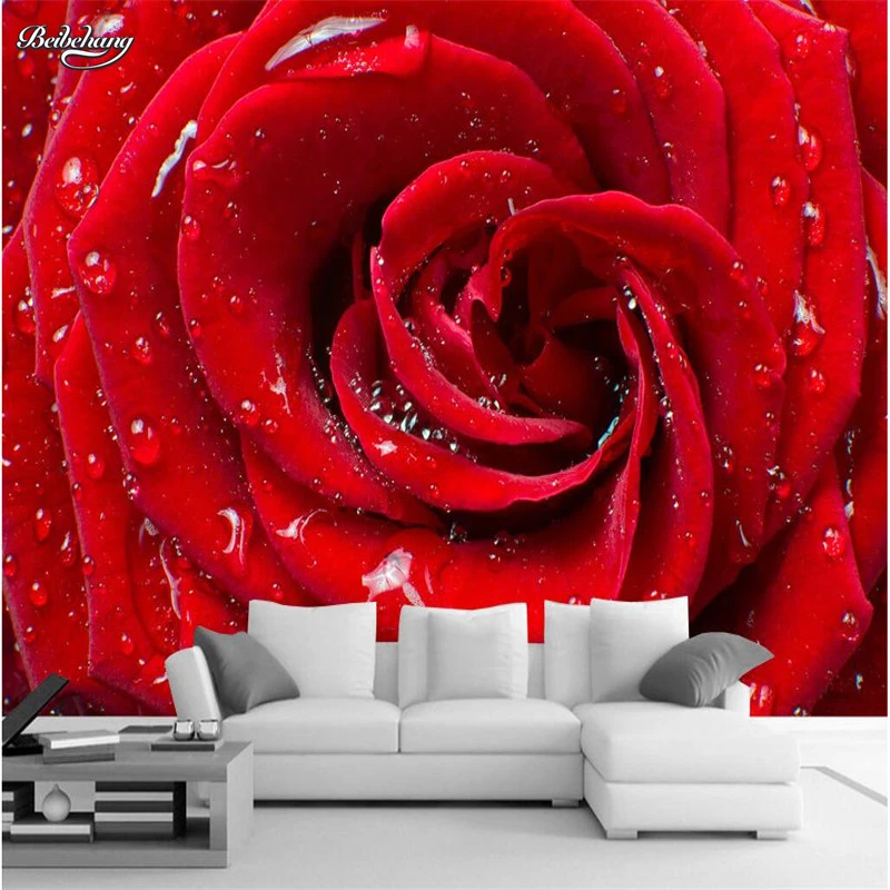 

beibehang wall paper HD drops clear red roses living room Hotel TV sofa backdrop mural wallpaper 3d wall painting picture