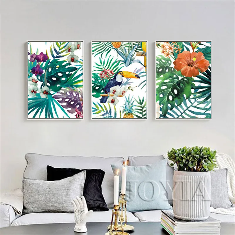 Watercolor-Canvas-Wall-Art-Rainforest-Plants-Bird-Painting-Tropical-Leaves-Wall-Pictures-Home-Decoration-No-Frame (1)