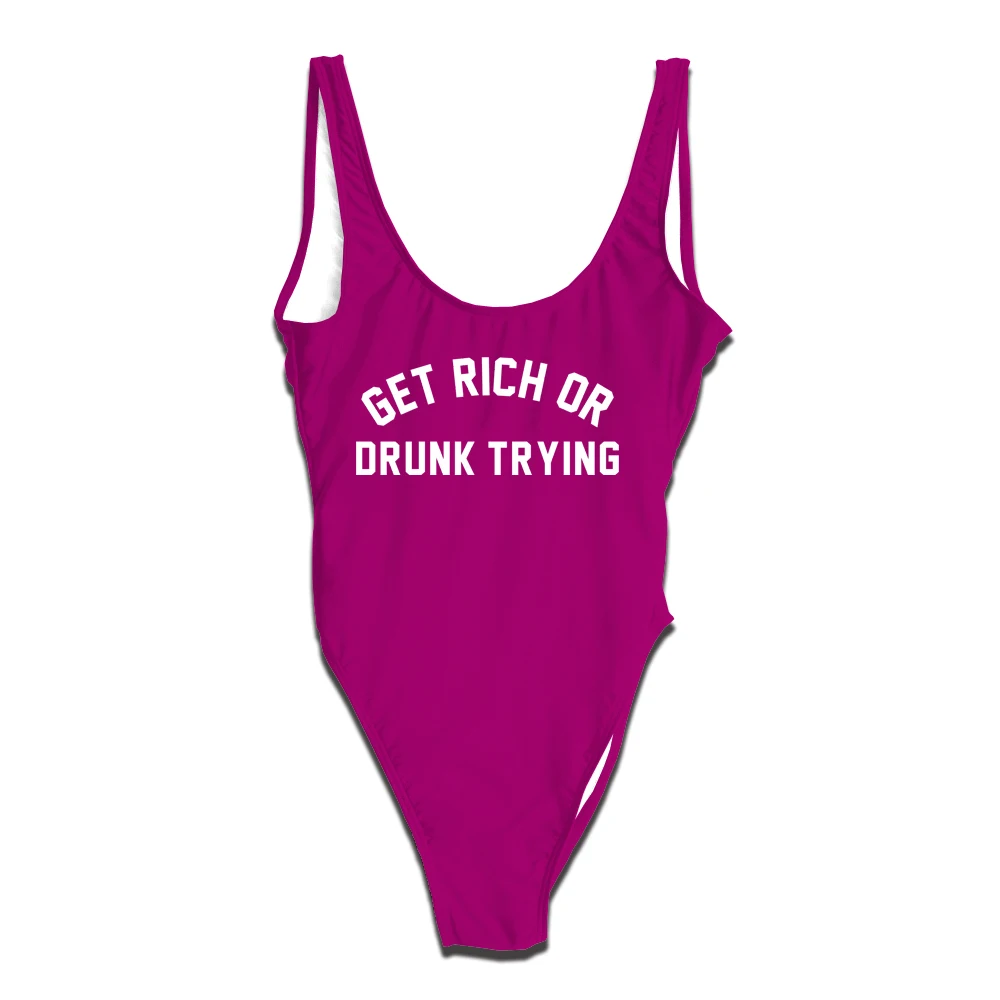 Image GET RICH OR DRUNK TRYING Letters Swimsuit Beach Bathing Suit Women Summer Hipster Bodysuit Jumpsuits Sexy Backless Swimwear