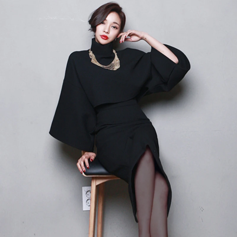 Korean Style Turtleneck Batwing Sleeve Woolen Dress Seperate 2 Pieces Midi Dress Plus Size Slit Women Winter Dress Vestidos 2019
Korean Style Turtleneck Batwing Sleeve Woolen Dress Seperate 2 Pieces Midi Dress Plus Size Slit Women Winter Dress Vestidos 2019