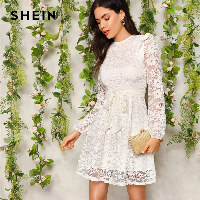 

SHEIN White Zip Back Ruffle Shoulder Belted Short Solid Lace Dress Women 2019 Spring Fit and Flare Empire A Line Elegant Dresses