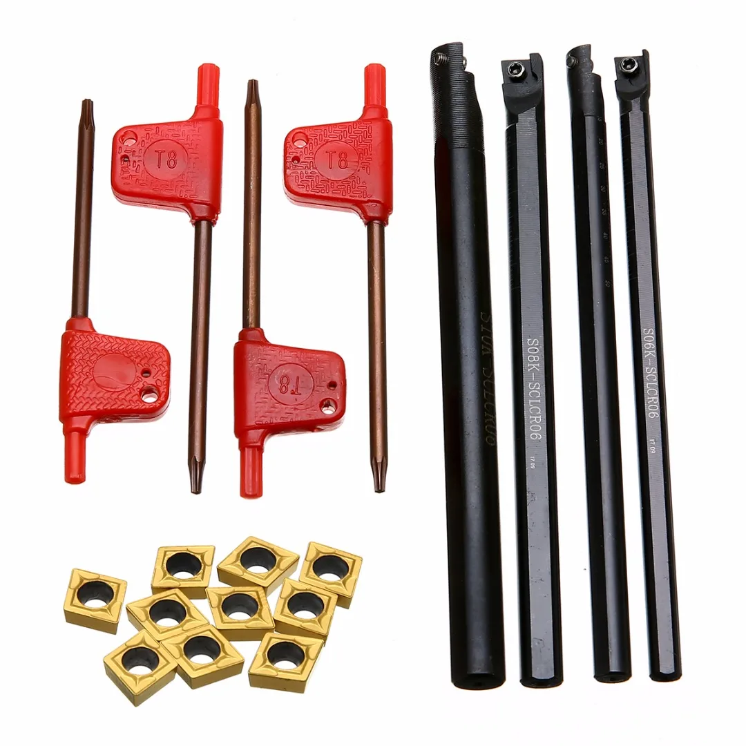 4pcs Metal SCLCR06 Turning Tool Holder 6/7/8/10mm Boring Bar + 10pcs Golden CCMT060204 Inserts with 4pcs T8 Wrenches
4pcs Metal SCLCR06 Turning Tool Holder 6/7/8/10mm Boring Bar + 10pcs Golden CCMT060204 Inserts with 4pcs T8 Wrenches