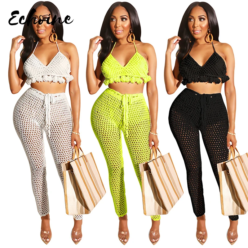 Echoine Women Summer Knitted Croche Halter Backless Bra Top Long Pants Beach Boho Two Piece Set Sexy Mesh SeeThrough Tracksuit
Echoine Women Summer Knitted Croche Halter Backless Bra Top Long Pants Beach Boho Two Piece Set Sexy Mesh SeeThrough Tracksuit