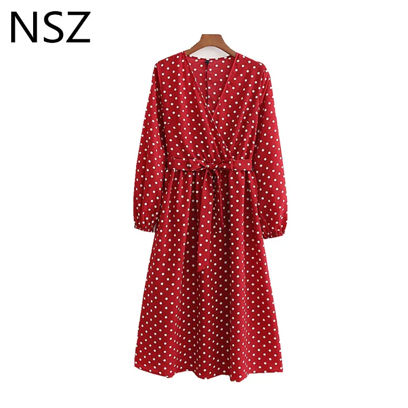 NSZ Women Red Dot Knee-Length Dress Cross V Neck Long Sleeve Pleated Dress with Belt Casual Dresses Vestido
NSZ Women Red Dot Knee-Length Dress Cross V Neck Long Sleeve Pleated Dress with Belt Casual Dresses Vestido