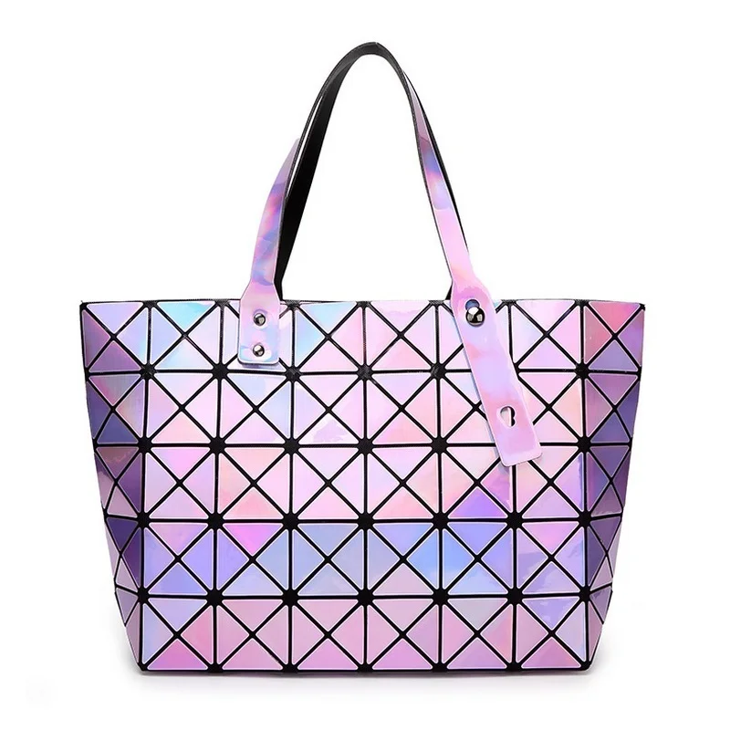 

Women Diamond Lattice Tote Geometry Quilted Shoulder Bags Holographic Handbag Lady Sequins Mirror Saser Bag