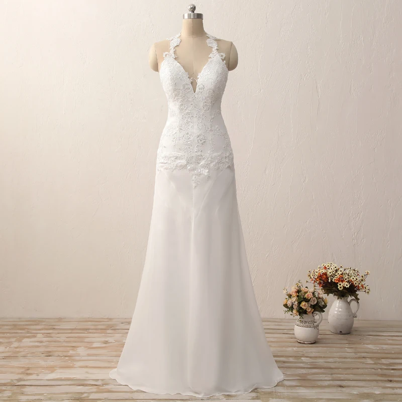 2019 Halter Backless Wedding Dress White/Ivory Mermaid Wedding Gown Sweep Train Lace Appliqued Chiffon Beach Bridal Party Dreses
2019 Halter Backless Wedding Dress White/Ivory Mermaid Wedding Gown Sweep Train Lace Appliqued Chiffon Beach Bridal Party Dreses