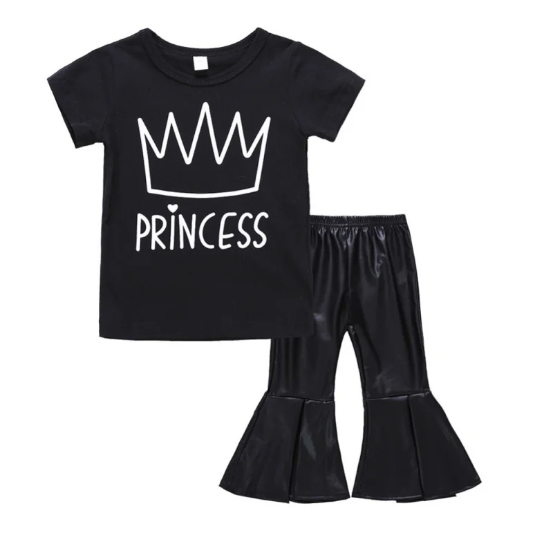 2018 New Fashion Baby Clothes Set Black Letter T-shirt + PU Bell-Bottom Pants Fashion Set Princess Girl Clothes 
2018 New Fashion Baby Clothes Set Black Letter T-shirt + PU Bell-Bottom Pants Fashion Set Princess Girl Clothes