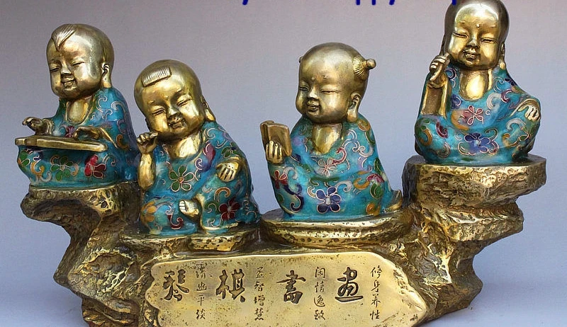 Cloisonne Gild lyre-playing Chess Calligraphy Painting 4 Tong Zi Boy Girl Statue
Cloisonne Gild lyre-playing Chess Calligraphy Painting 4 Tong Zi Boy Girl Statue