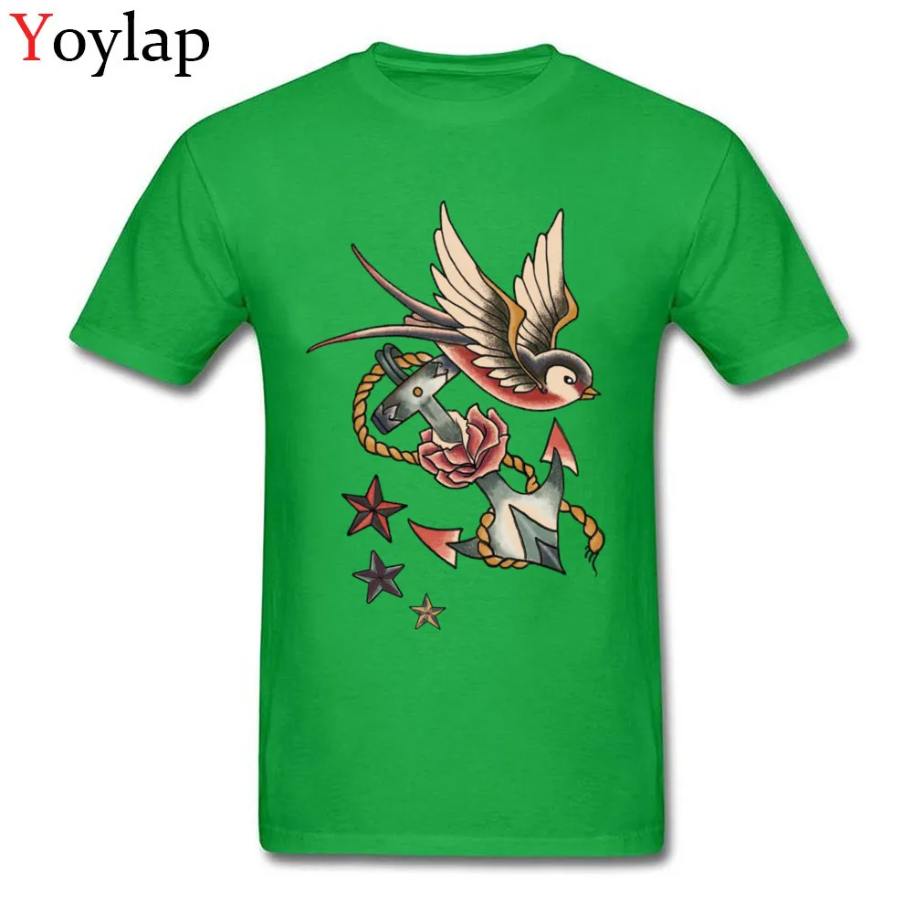 2017 New Fashion Printed On T-Shirt Round Collar All Cotton Retro Tattoo Male Tops Shirt Short Sleeve Fall Printed On Tee Shirt green