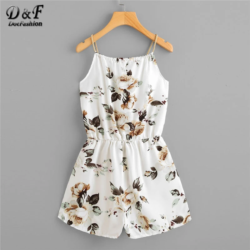 

Dotfashion Floral Print Random Self Tie Neck Cami Romper 2019 Summer Sleeveless Straps Ladies Clothes Drawstring Pearls Romper