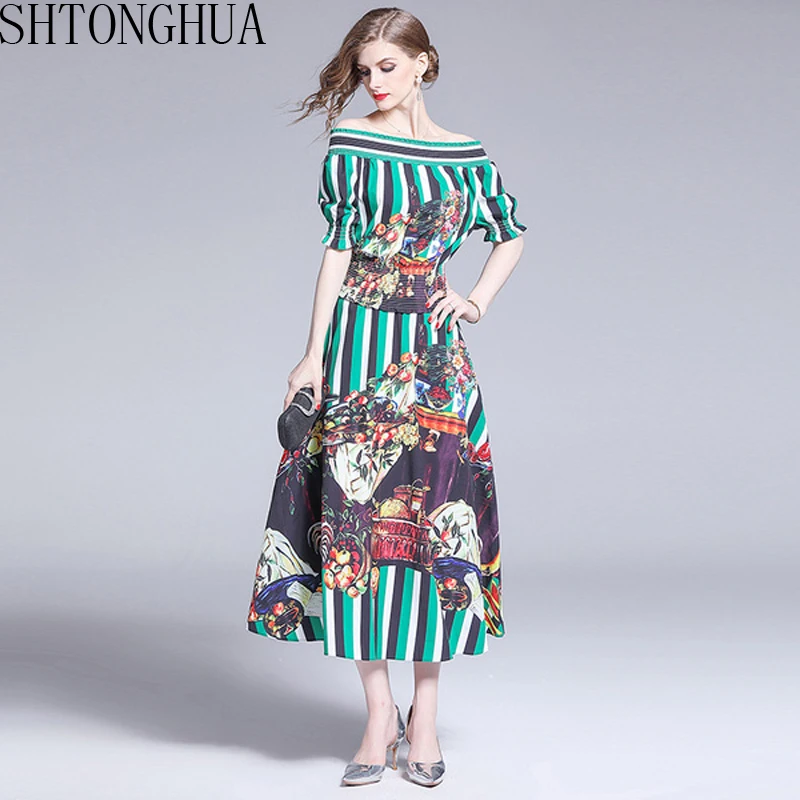 SHTONGHUA Summer Women Set Runway Fashion Designer Short Sleeve Slash neck tops +Flower Printed Mid Calf Skirt Two Sets
SHTONGHUA Summer Women Set Runway Fashion Designer Short Sleeve Slash neck tops +Flower Printed Mid Calf Skirt Two Sets