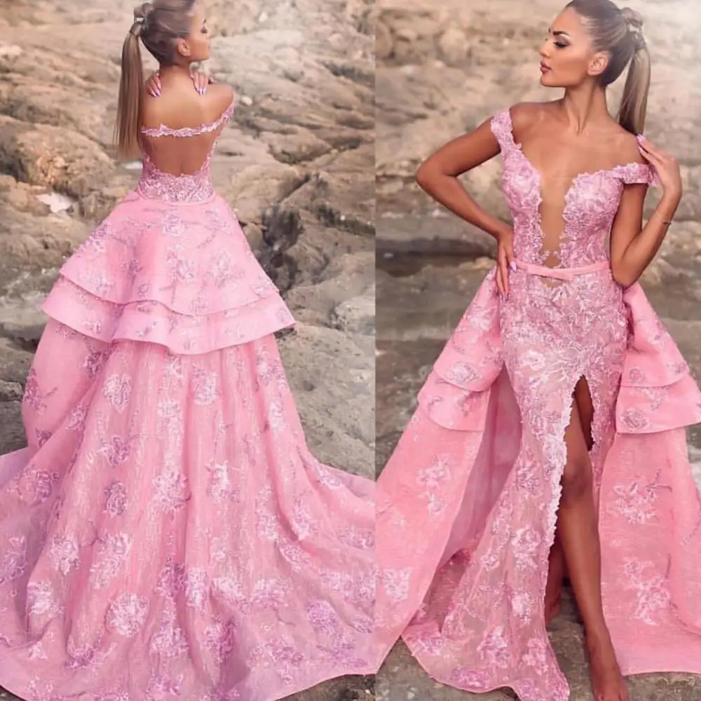 Detachable Train Pink Evening Dresses 2019 Lace Applique Deep V Neck Evening Gown with Short Sleeve
Detachable Train Pink Evening Dresses 2019 Lace Applique Deep V Neck Evening Gown with Short Sleeve