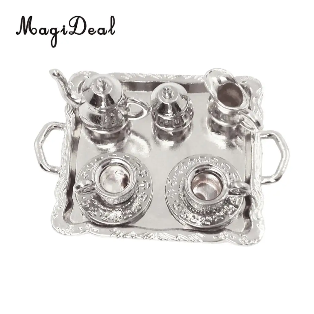 10Pcs Silver Alloy Tea Lid Pot Cups Tray Set for 1:12 Dollhouse Miniature Doll Home House Model Furniture Decor Accs