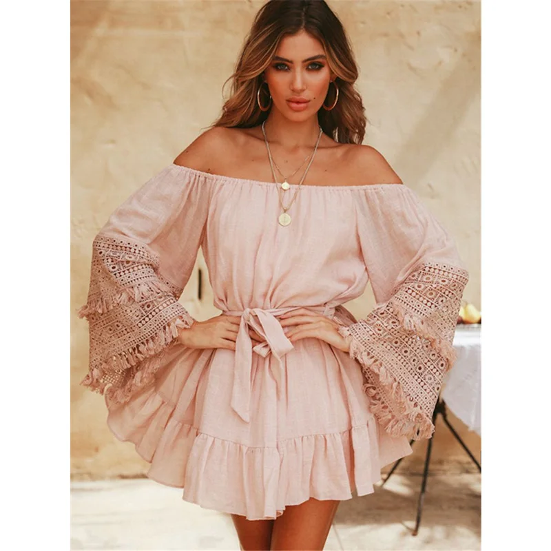 Summer Off Shoulder Hollow Out Mini Dress Women Casual Loose Tassel Short Dress Sweet Ruffles Slash Neck Dress Vestido U443
Summer Off Shoulder Hollow Out Mini Dress Women Casual Loose Tassel Short Dress Sweet Ruffles Slash Neck Dress Vestido U443
