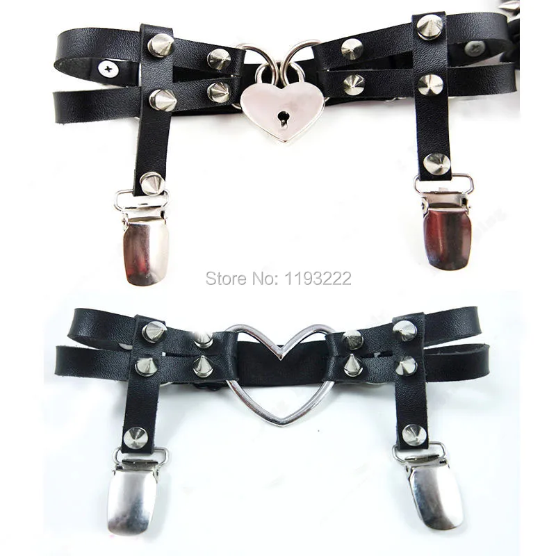 

Punk Gothic Handmade Leather Fashion Lockable Key Double Heart Spikes Studded Leg Garter Belt Thigh Suspender Harness