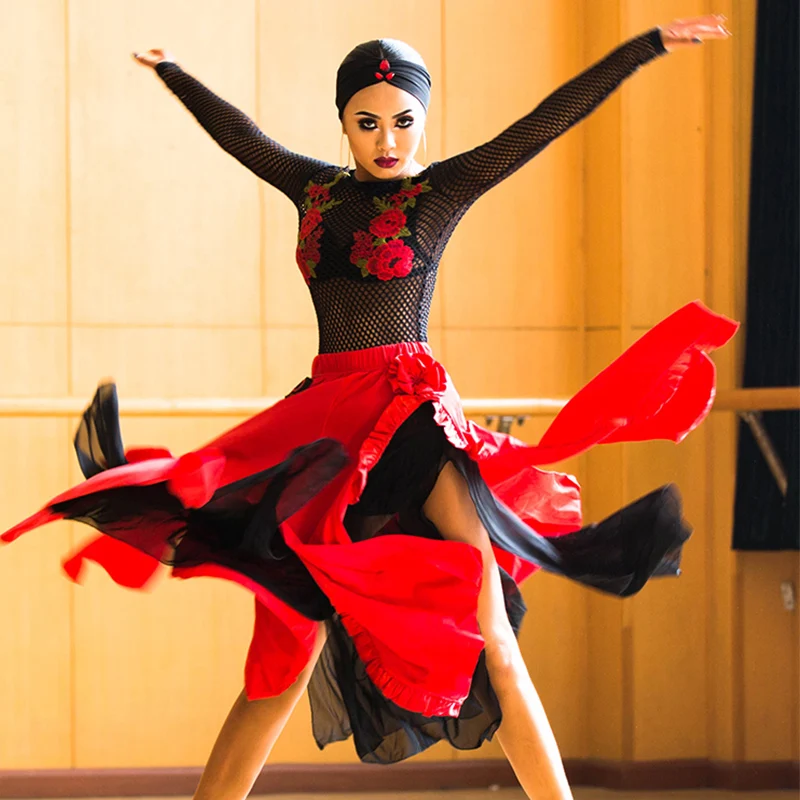 Latin Dance Dress Black Mesh Embroidery Top Red Sexy Slit Long Skirts Latin Costumes Women Clothes Performance Wear DNV10089
Latin Dance Dress Black Mesh Embroidery Top Red Sexy Slit Long Skirts Latin Costumes Women Clothes Performance Wear DNV10089