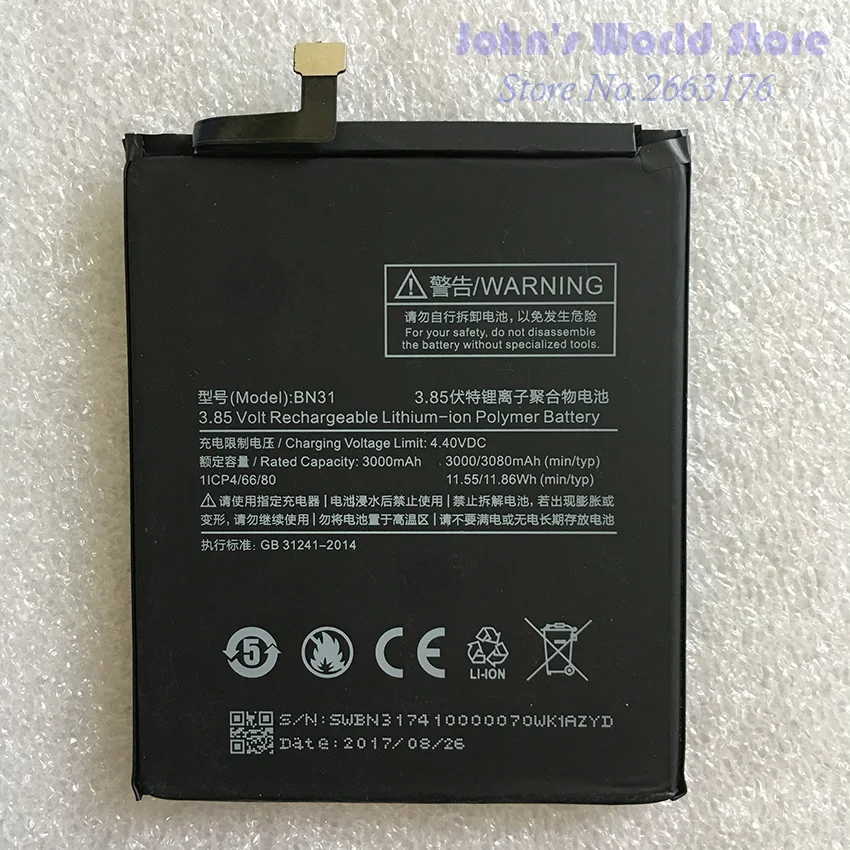 For Xiaomi BN31 3000/3080mAh Battery For Xiaomi Mi 5X Mi5X \ Redmi Note 5A 5A pro Batterie Bateria Accumulator Smart Phone
For Xiaomi BN31 3000/3080mAh Battery For Xiaomi Mi 5X Mi5X \ Redmi Note 5A 5A pro Batterie Bateria Accumulator Smart Phone
