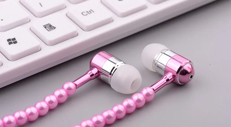 2017 Pink girl Rhinestone Jewelry Pearl Necklace Earphones With Mic 3.5mm Earbuds For Xiaomi Huawei Brithday Gift fone de ouvido 2 (1)