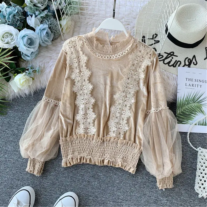 LUOSHA Women Autumn Stand Collar Hollow Out Lace Flower Lantern Mesh Sleeve Tunic Waist Velvet Blouse And Shirts Stylish Tops
LUOSHA Women Autumn Stand Collar Hollow Out Lace Flower Lantern Mesh Sleeve Tunic Waist Velvet Blouse And Shirts Stylish Tops