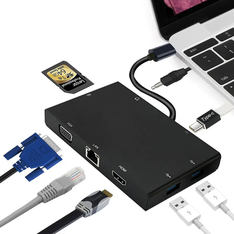 USB 3.1 Type-C HUB Dock to HDMI VGA Rj45 with PD SD Card Slot +3.5mm Audio Port Thunderbolt 3 Dongle for Macbook Pro
USB 3.1 Type-C HUB Dock to HDMI VGA Rj45 with PD SD Card Slot +3.5mm Audio Port Thunderbolt 3 Dongle for Macbook Pro