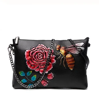 

Vintage Banquet Clutches Rose Bee Handbag Clutch Wallet Card Purse Woman Shoulder Crossbody Bag Genuine Leather Wristlet Zipper