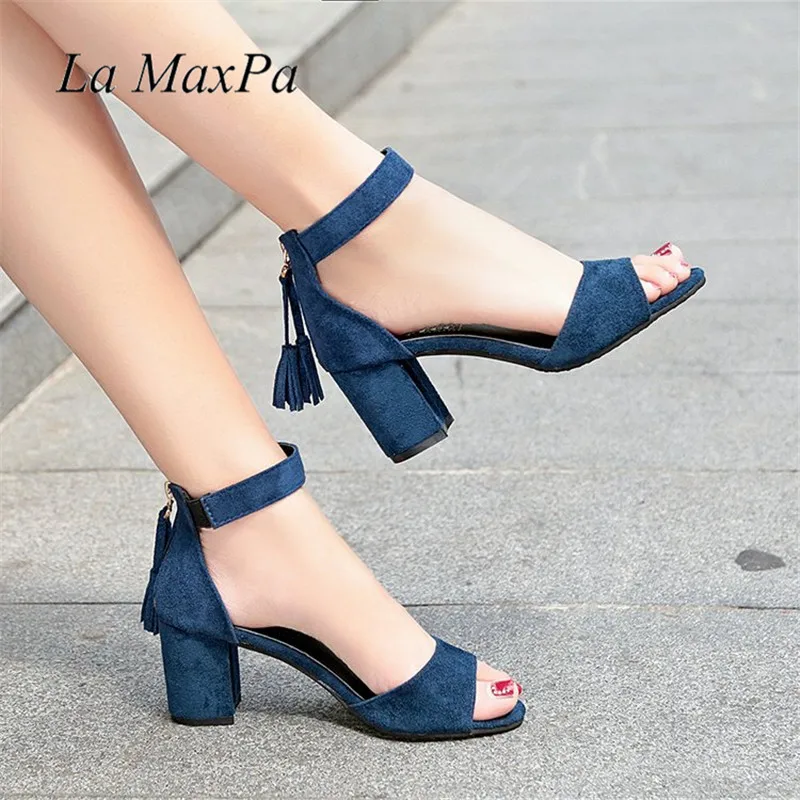 La MaxPa Woman Shoes 2018 Summer Tassel Flock Women Sandals Fringe Sandal Heels Thick High Heels Sandals Sandalias De Salto Alto 14