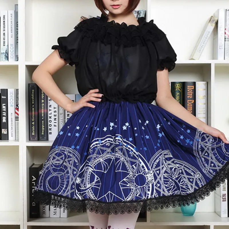 CARDCAPTOR SAKURA Navy blue Gothic lolita Short Pleated Skirt Moon Star Magic Geometric Print Women's skirts Teens Young girls
CARDCAPTOR SAKURA Navy blue Gothic lolita Short Pleated Skirt Moon Star Magic Geometric Print Women's skirts Teens Young girls