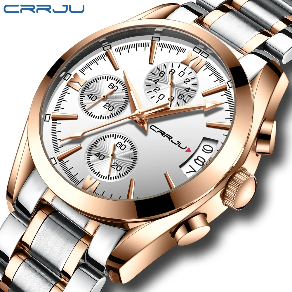 

Six-pin Timing Mens Business Watch CRRJU Luxury Brand Military Sport Watch Men's Quartz Clock Full Steel Chronograph Wristwatch