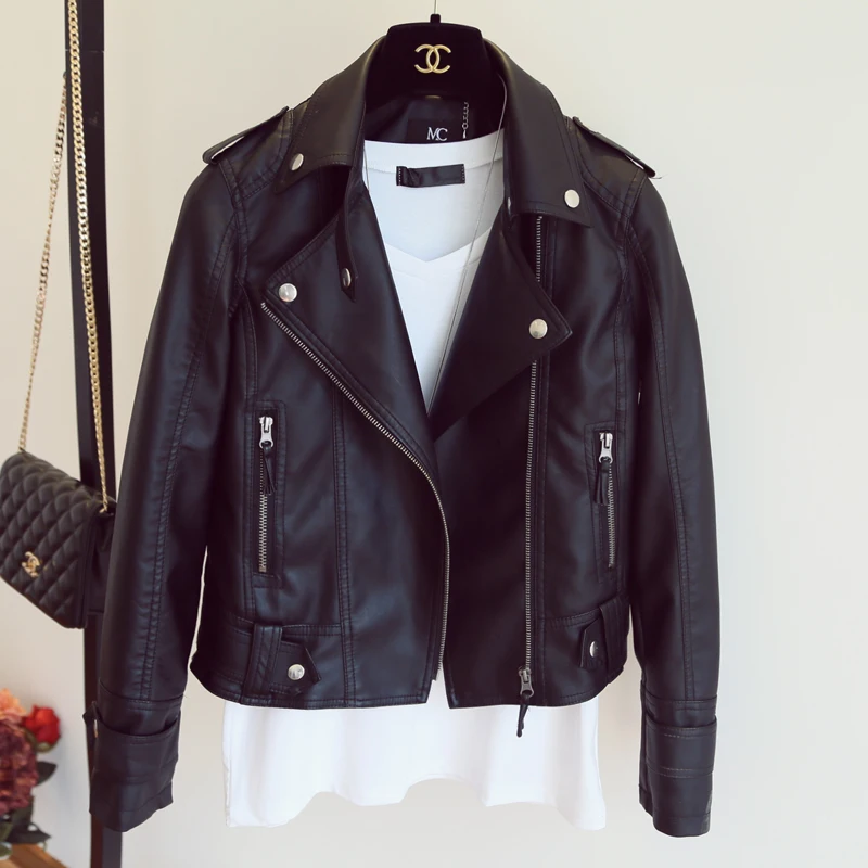 Image New Autumn Winter Pu Leather Jacket Faux Soft Leather Coat Slim Black Rivet Zipper Motorcycle Jackets Womens Biker Jacket